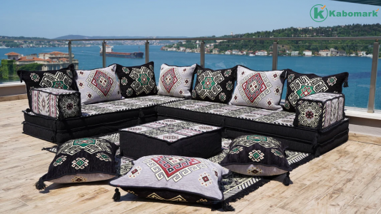 8" Thick Black L Shaped Floor Couch, Arabic Sofa Seating, Floor Pillow, Sectional Sofa Set, Patio Furniture, Arabic Majlis