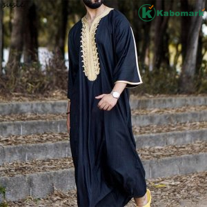 Muslim Men Jubba Thobe Long Sleeve Islamic Clothing Embroidery V-Neck Kimono Robe Abaya Caftan Dubai Arab Dress Shirts