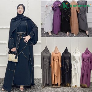3 Piece Crepe Matching Muslim Sets Abayas for Women Dubai Turkey Open Abaya Set Hijab Inner Dress with Wrap Skirt Islam Clothing